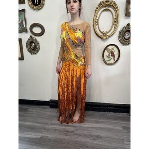 Vintage Latin Dance Performance Dress Sequin Fringe Rhinestone Illusion Small